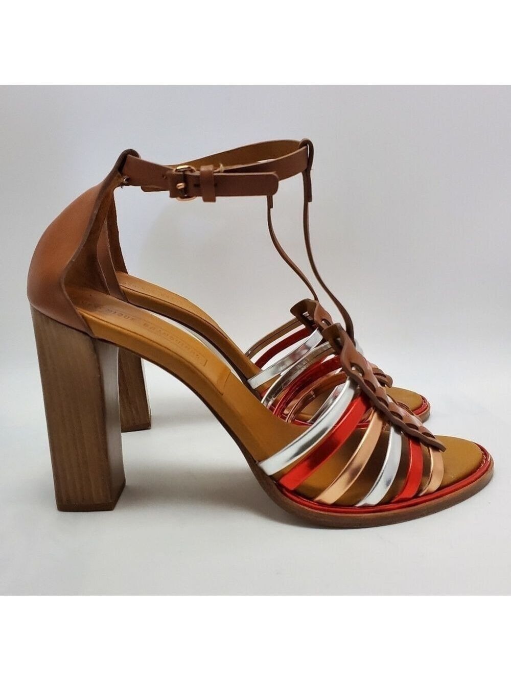 Veronique Branquinho Metallic Multicolor T-Strap Woven Heel Sandals Size EUR 41